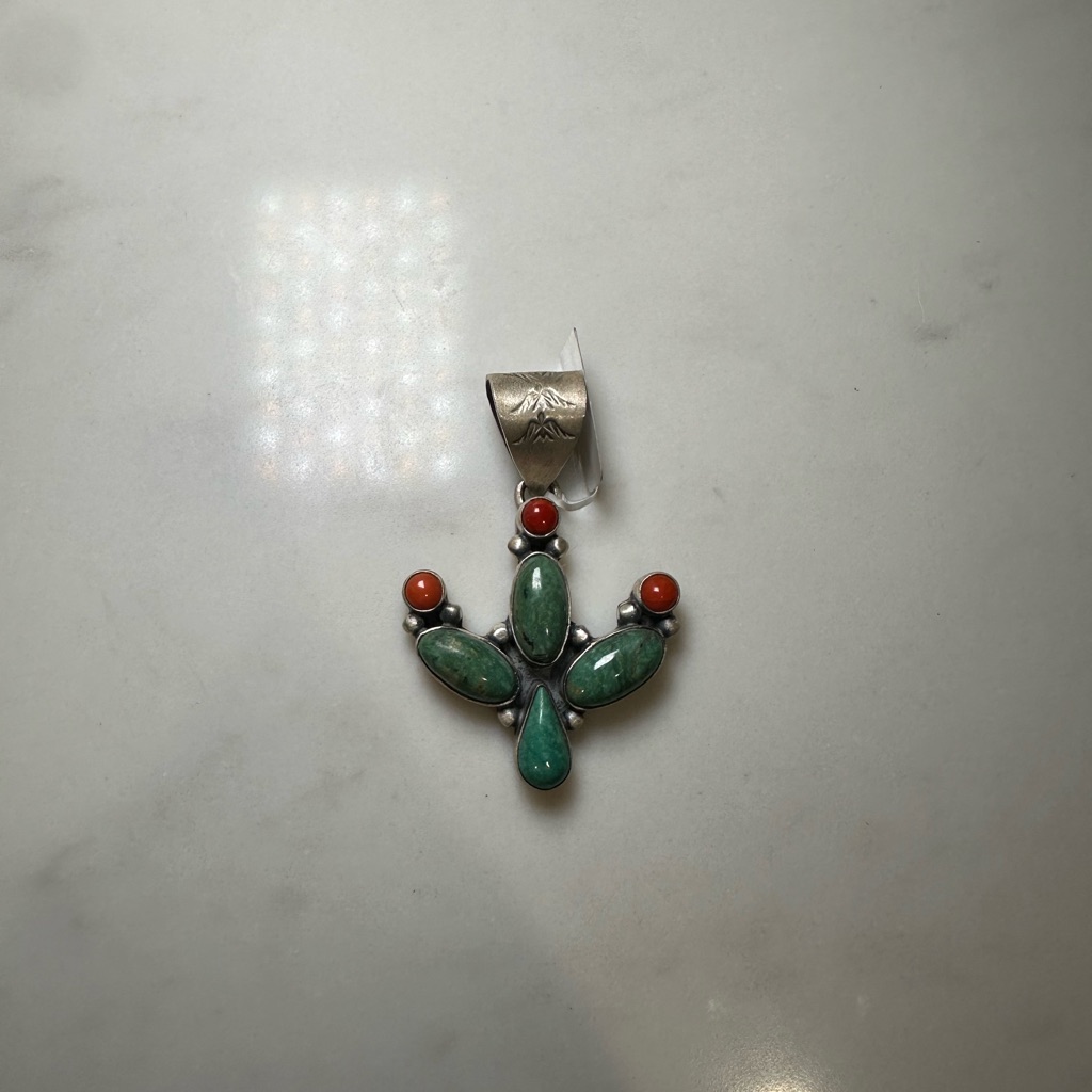 Vintage Cactus Pendant With Turquoise And Red Coral